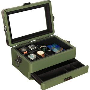 Mens Military Watch Box Organizer 10 Slot Glass Top Apple Watch Storage